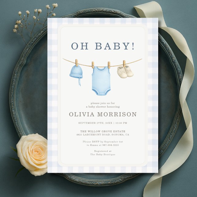 Åh Baby Blue Gingham Baby Shower Inbjudningar (Skapare uppladdad)