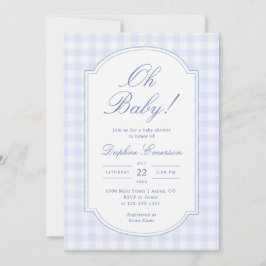 Åh Baby Blue Gingham Bebis firande Inbjudningar