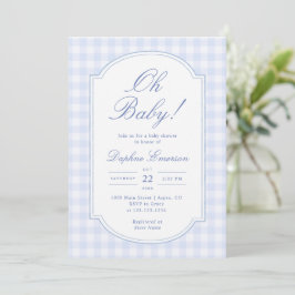 Åh Baby Blue Gingham Bebis firande Inbjudningar