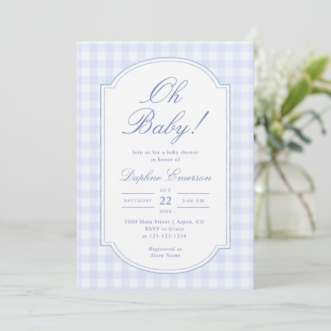 Åh Baby Blue Gingham Bebis firande Inbjudningar (Stående Fram)