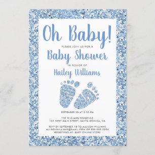 Åh Baby blue Glitter Baby Feet Baby Shower Inbjudningar