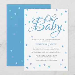 Åh Baby Blue Kärlekshjärtan Par Baby Shower Inbjudningar