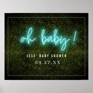 Åh Baby blue Neon Boxwood Baby Shower Poster