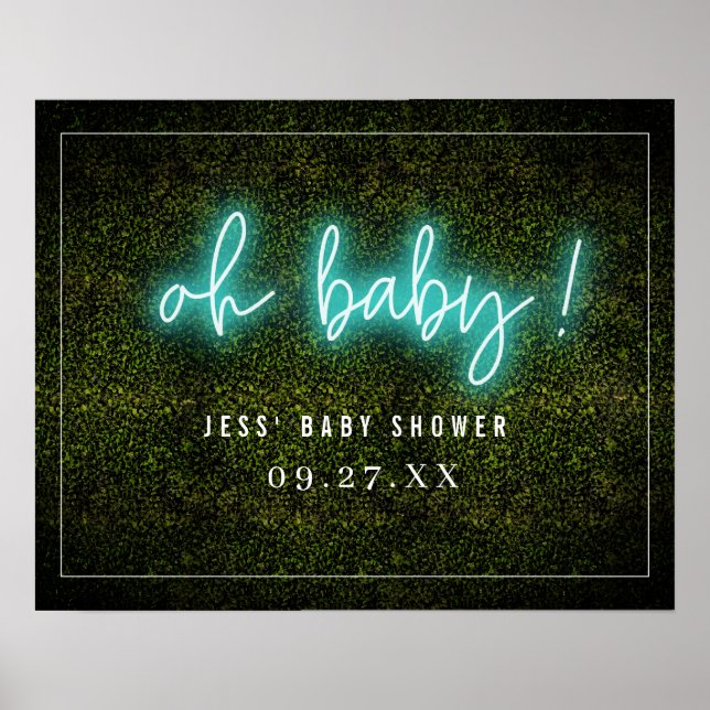 Åh Baby blue Neon Boxwood Baby Shower Poster (Framsidan)