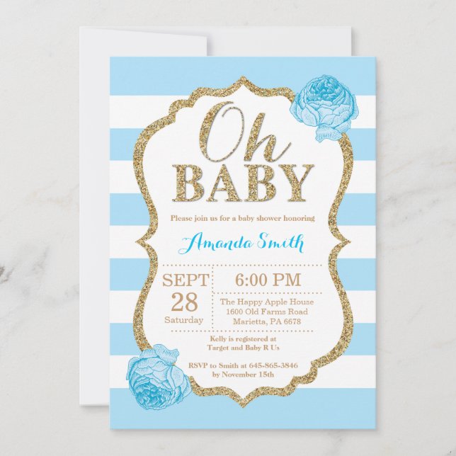Åh Baby blue och Guld Baby Shower-inbjudan Inbjudningar (Framsida)