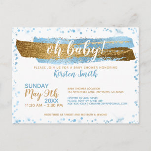 Åh Baby blue och Guld Boy Baby Shower-inbjudningar Vykort