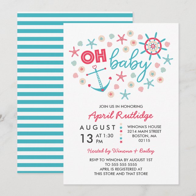 Åh Baby blue och Red Nautical Baby Shower Inbjudningar (Fram/baksida)