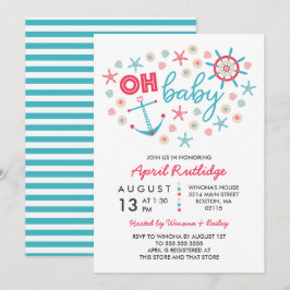 Åh Baby blue och Red Nautical Baby Shower Inbjudningar