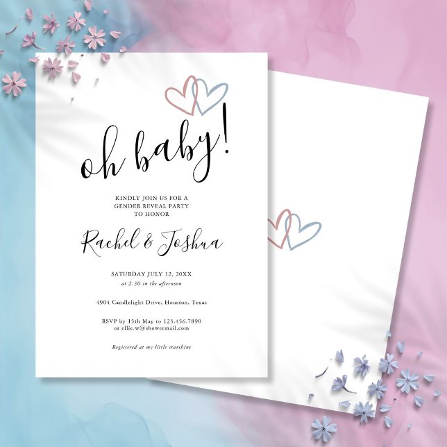 Åh Baby blue och Rosa Hearts Gender Reveal Party Inbjudningar (Oh Baby Blue And Pink Hearts Gender Reveal Party Invitation)