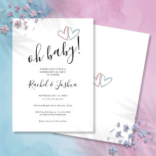 Åh Baby Blue Och Rosa Hjärtan Köns Avslöjande Fest Inbjudningar