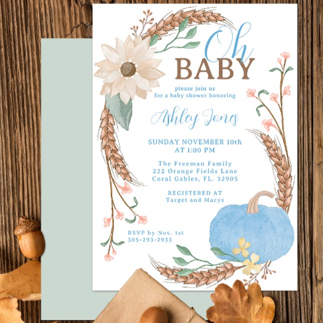 Åh Baby blue Pumpkin Shower Inbjudan (Blue Pumpkin Fall Pumpkin Baby Shower Invitation)