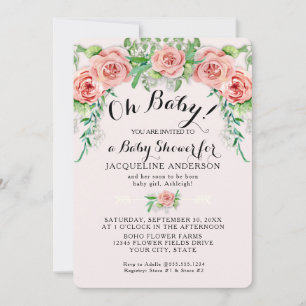 Åh Baby BOHO Flicka Rosa Ros Blommig Script Inbjudningar