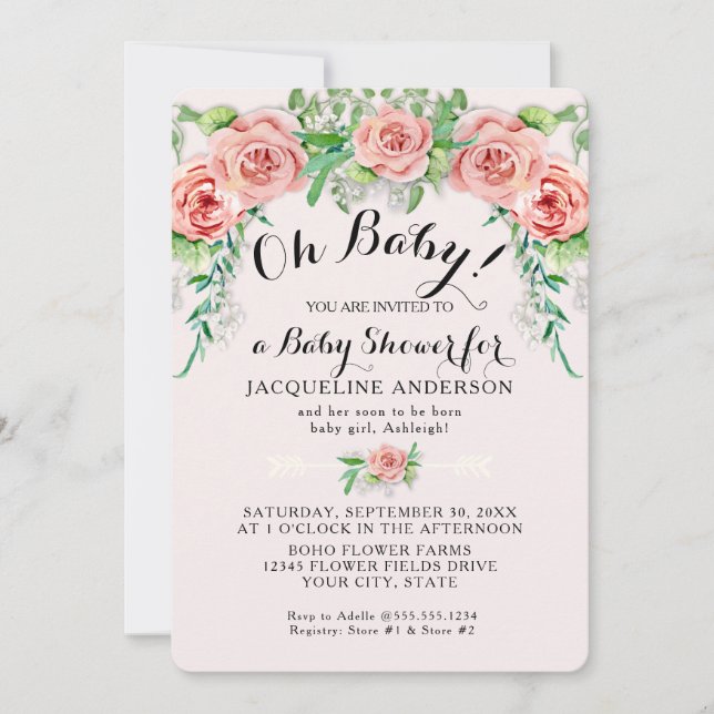 Åh Baby BOHO Flicka Rosa Ros Blommig Script  Inbjudningar (Framsida)