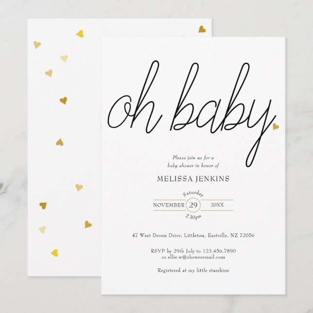 Åh Baby Chic Script Guld Kärlek Hjärt Baby Shower Inbjudningar (Fram/baksida)