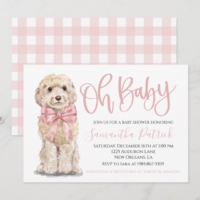 Åh Baby! Cute Puppy Hund Rosa Gingham Hund Shower Inbjudningar (Fram/baksida)