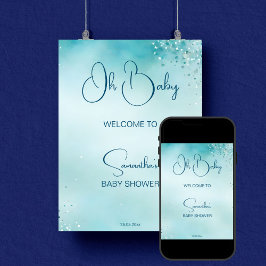 Åh baby cyan aqua blue babydusch välkommen poster