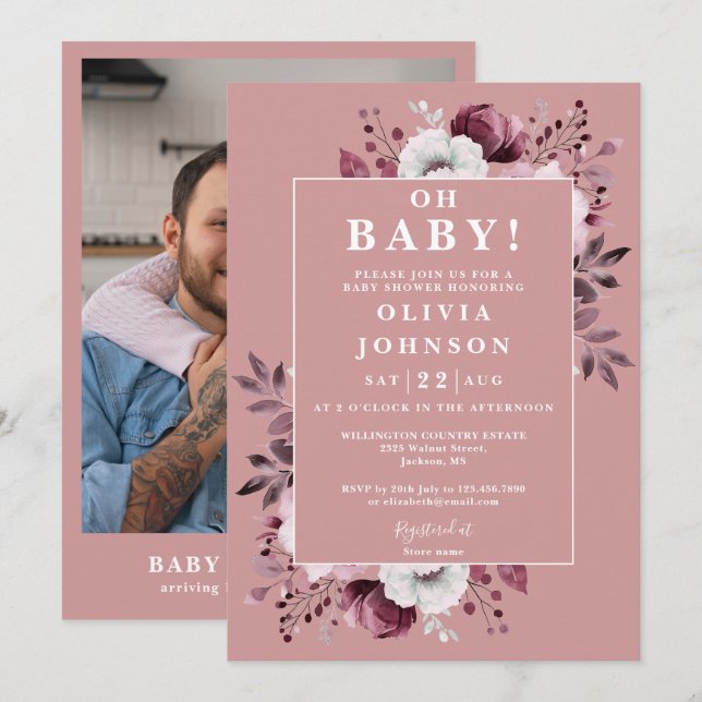 Åh baby dammig rosa rustik blomsterfoto baby showe inbjudningar (Fram/baksida)