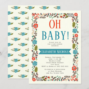 Åh Baby dusch red and teal modern blommigt gräns Inbjudningar