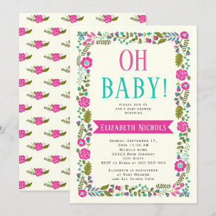 Åh Baby duscha aqua, rosa modern blommigt gräns Inbjudningar