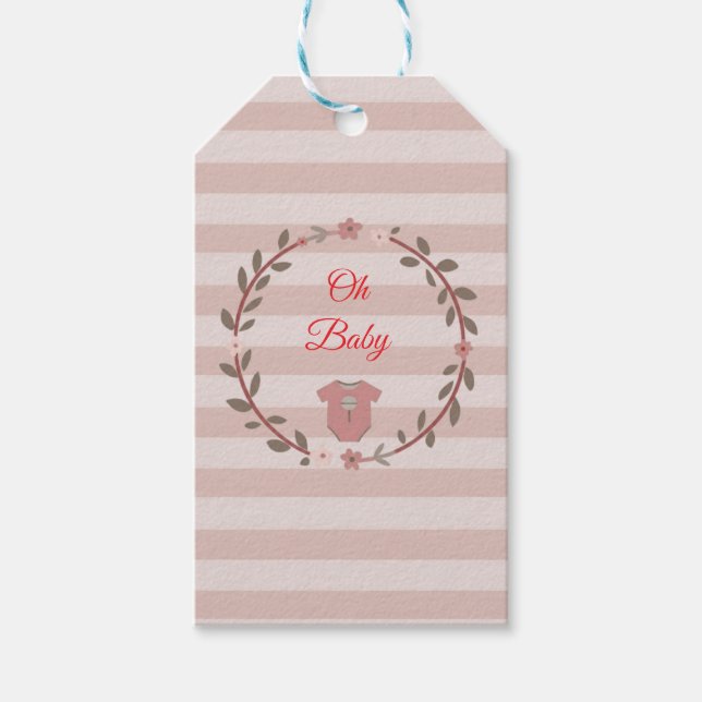 Åh Baby Dusty Rose Blush Rosa Ränder Flickas Dusch Presentetikett (Framsidan)