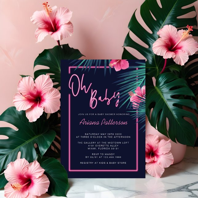 Åh Baby Electric Neon Rosa Tropical Baby Shower Inbjudningar (Oh Baby Electric Neon Pink Tropical Baby Shower Invitation)
