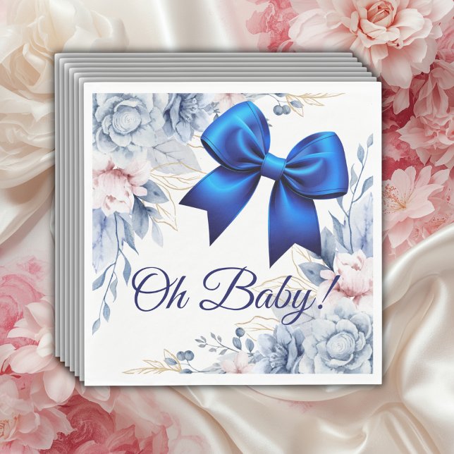 Åh Baby! Elegant Blommigt Blue Bow Baby Shower Pappersservett (Skapare uppladdad)