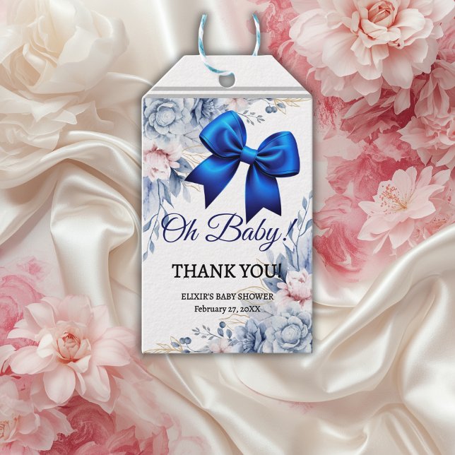 Åh Baby! Elegant Blommigt Blue Bow Baby Shower Presentetikett (Skapare uppladdad)