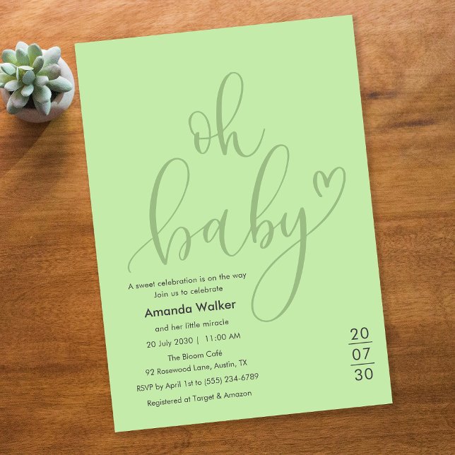 Åh Baby!  Elegant Ljusgrön Skript Bebis Shower Inbjudningar (Oh Baby! Elegant Sage Green Script Baby Shower Invitation)