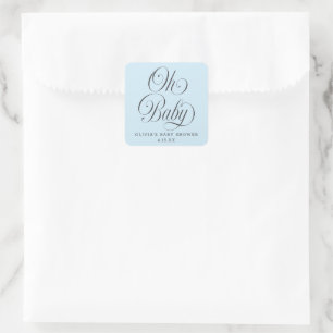 Åh Baby Elegant Script Lt. Blue Baby Shower Förmån Fyrkantigt Klistermärke