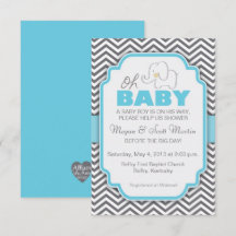 Åh Baby Elephant - Blue & Grått Baby Shower Inbjud