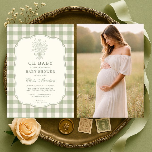 Åh Baby Foto Gingham Sagegrön Bebis Shower Inbjudningar (Skapare uppladdad)