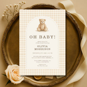 Åh Baby Gingham Teddybjörn Beige Babyfirande Inbjudningar