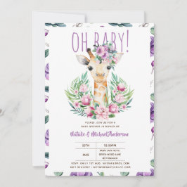 Åh Baby GIRAFFE med Lila blommor Modern Shower Inbjudningar