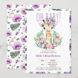 Åh Baby GIRAFFE med Lila blommor Modern Shower Inbjudningar