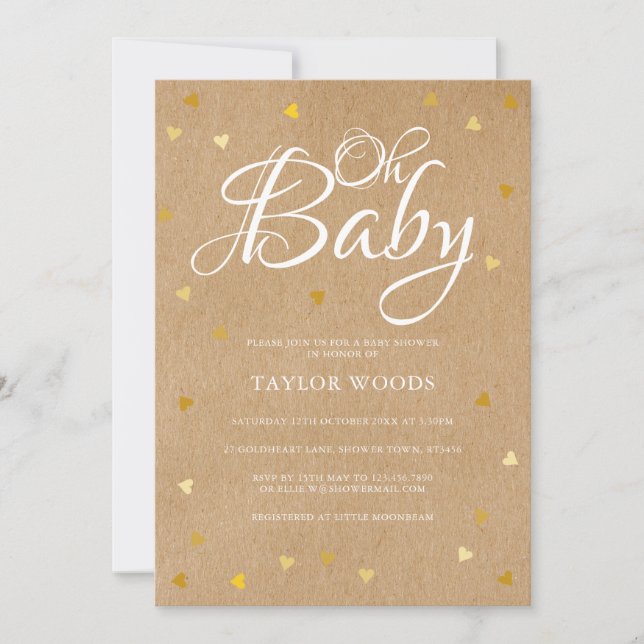 Åh Baby Guld Hearts Baby Shower Rustic Kraft Boho Inbjudningar (Framsida)
