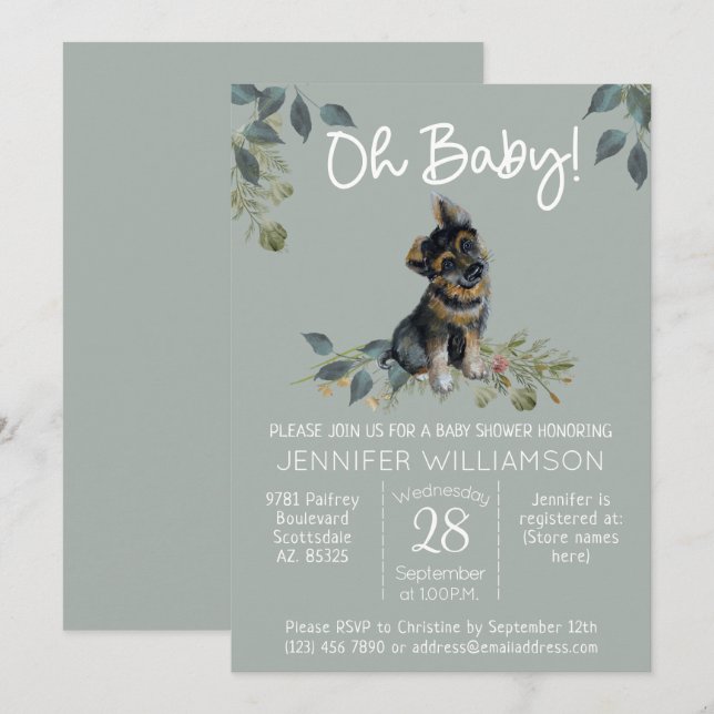 Åh Baby! Hund Baby Shower German Shepherd Sage Inbjudningar (Fram/baksida)