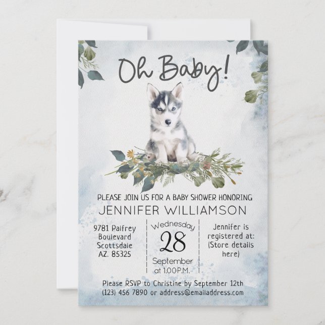 Åh Baby! Husky Watercolor Hund Baby Shower Inbjudningar (Framsida)