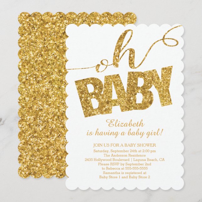 Åh Baby! Inbjudan till babyskor för Guld Glitter (Fram/baksida)