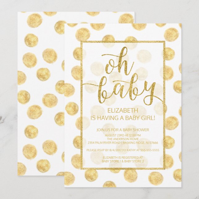Åh Baby! Inbjudan till babyskor för Guld Polka dot (Fram/baksida)