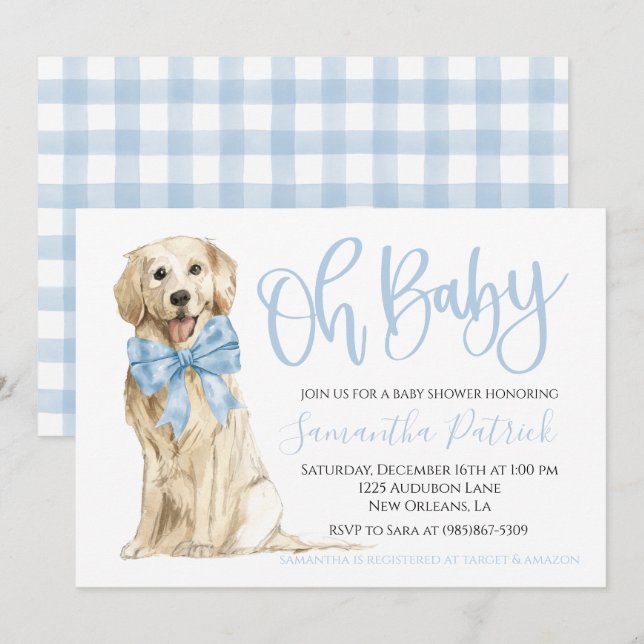 Åh Baby! Inbjudan till Cute Hund Blue Boy Shower (Fram/baksida)