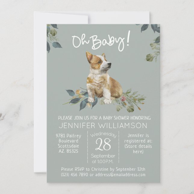 Åh Baby! Inbjudan till hund Baby Shower Corgi Pupp (Framsida)