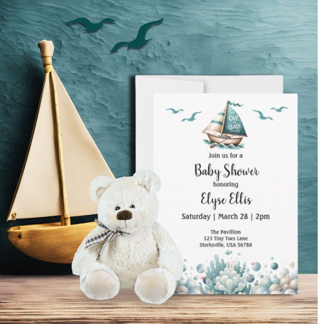 Åh, Baby! Inbjudan till Rustic Blue Baby Shower (Oh, Baby Vintage Nautical Baby Shower Invitation)