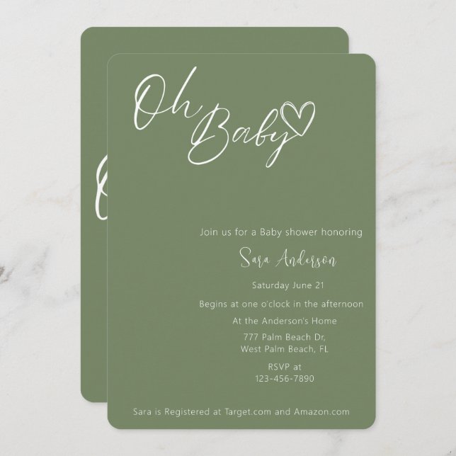 Åh Baby minimalistisk Grönt Baby Shower Inbjudningar (Fram/baksida)