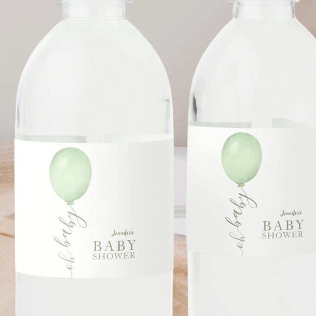 Åh Baby minimalistiskt Grönt Ballon Baby Shower Vattenflaskor Etikett (Skapare uppladdad)