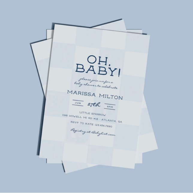 Åh Baby Modern Blå Rutig Barnkalas Inbjudningar (Skapare uppladdad)
