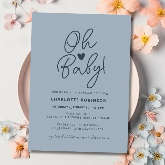 Åh Baby Modern Enkel Dammig Blå Pojke Bebis Bjudni Inbjudningar (Oh Baby Modern Simple Dusty Blue Boy Baby Shower Invitation)