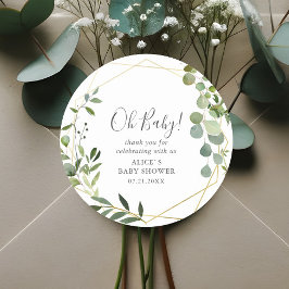 Åh Baby Modern Grönska Blad Baby Shower Klassisk Runt Klistermärke