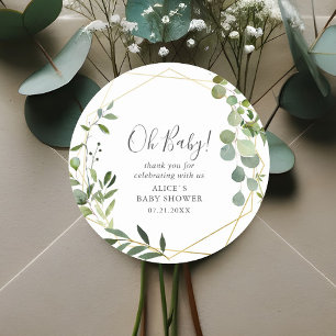 Åh Baby Modern Grönska Blad Baby Shower Klassisk Runt Klistermärke