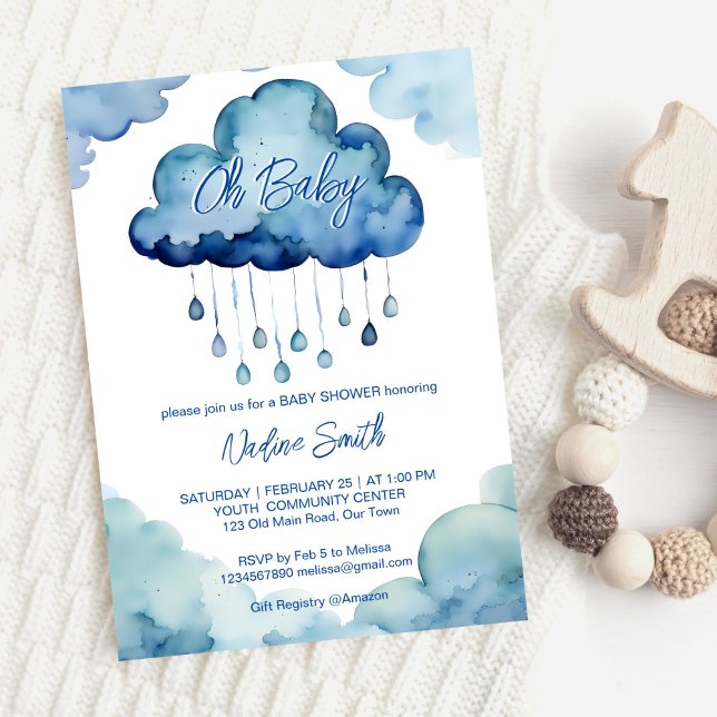 Åh baby moln baby shower mall (Oh Baby cloud baby shower template invitation digital download cute blue clouds raindrops whimsical)