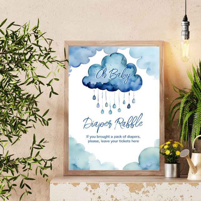 Åh Baby molnavstötningsskylt för babyduschskålning Poster (Oh Baby cloud baby shower diaper raffle sign cute blue whimsical cloud with raindrops  table sign)